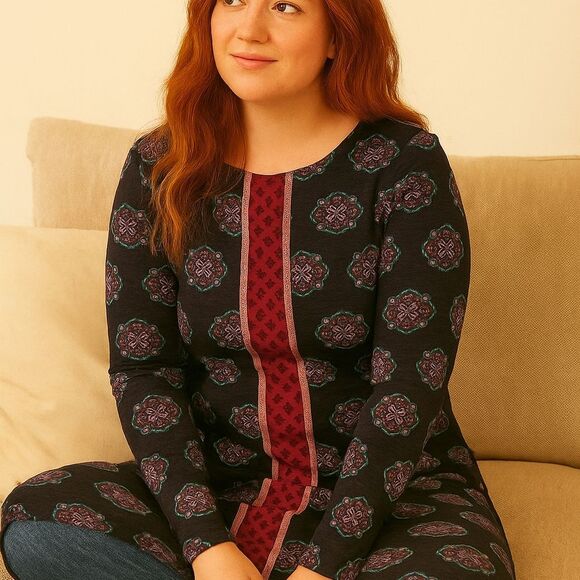 Hatley Navy Purple Teal Medallion Print XS L/S Knit Dress Romantic Gothic Whimsy - Picture 1 of 8